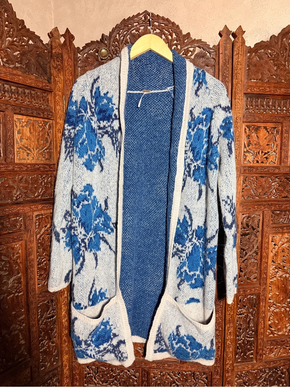 Free People Blue Floral Open Front Cardigan Sweater Women’s M Boho Knit